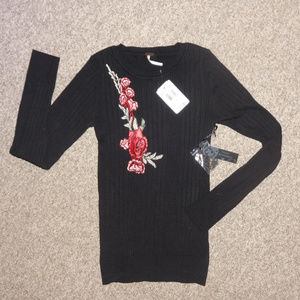 Poof Brand Stretchy Black Sweater w/Applique Rose!